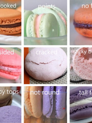 Macarons with various problems like cracks, hollow, lopsided problems are shown.