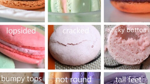 Macarons with various problems like cracks, hollow, lopsided problems are shown.