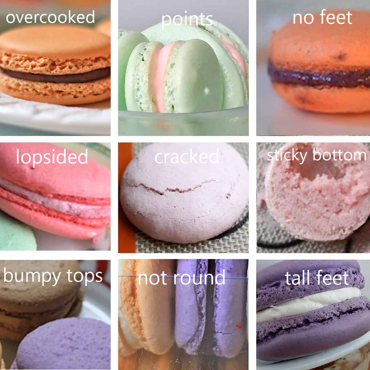 Macarons with various problems like cracks, hollow, lopsided problems are shown.