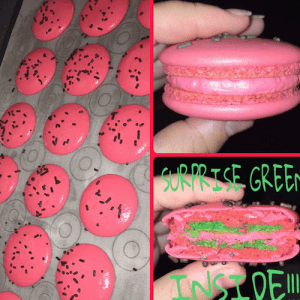 IG@Punkspastries: I was inspired by Indulgewithmimi to figure out how to make these surpriseinside generreveal macarons and I'm so happy with the results!!!