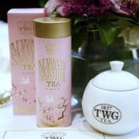 A carton of tea in a pink gift box at TWG tea.