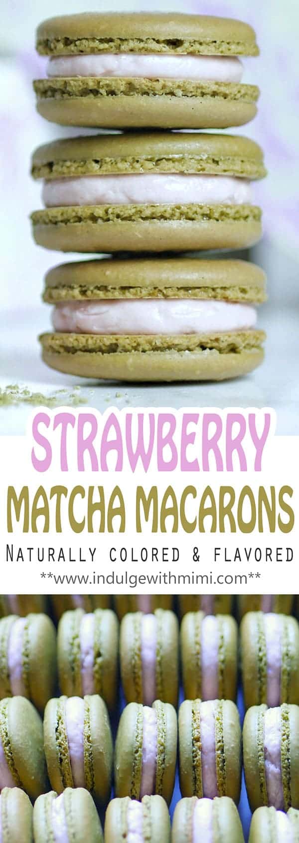 Stack of naturally colored green tea macarons filled with strawberry filling.