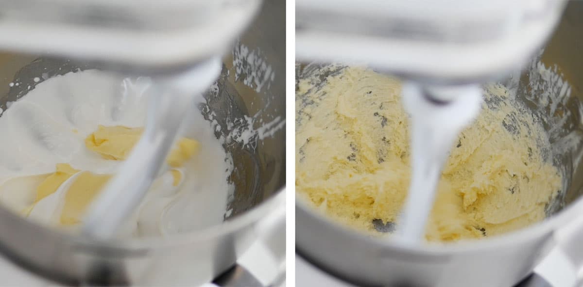 Butter being added to the mixture inside of a mixer.