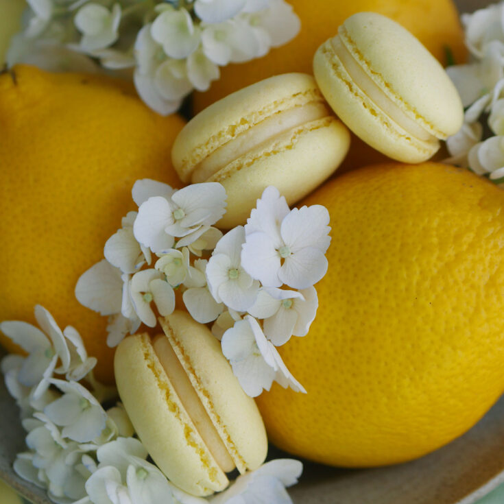 Lemon curd macarons on a dish with fresh lemons and white hydrangea flowers.