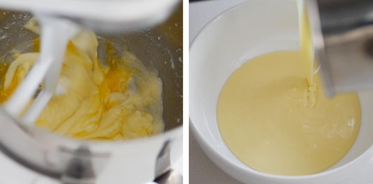 Egg whites, butter and sugar being whipped inside a mixer.