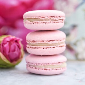 A stack of delicate pink lychee rose macarons with some rose buds on the side.