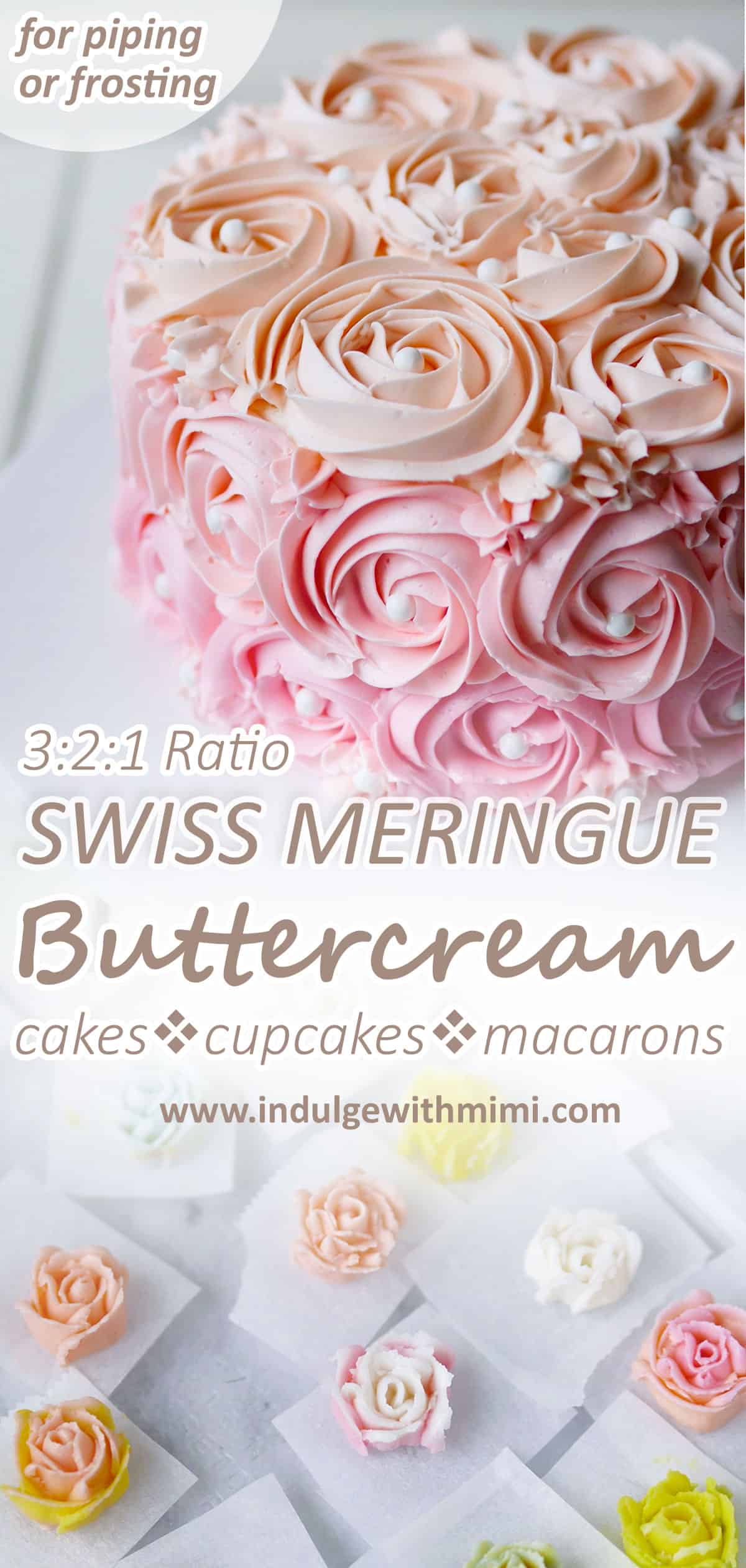 Close up of buttercream piped into rose swirls decorated on a cake.