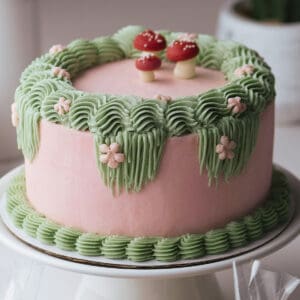 Fairy themed birthday cake decorated with Swiss meringue buttercream in mushroom shapes, flowers and thick sculpted borders.