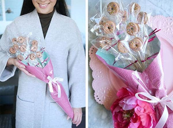 Coffee macarons wrapped into a flower bouquet. 