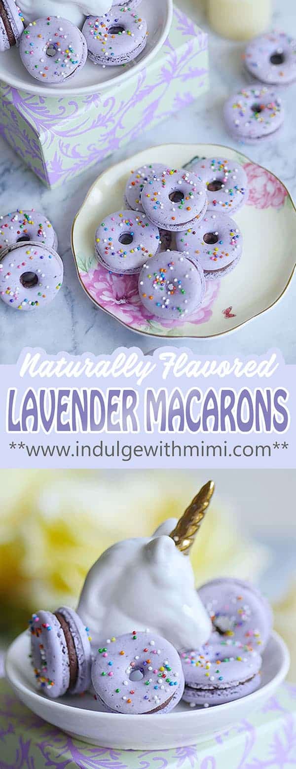Lavender donut macarons on a unicorn stand.