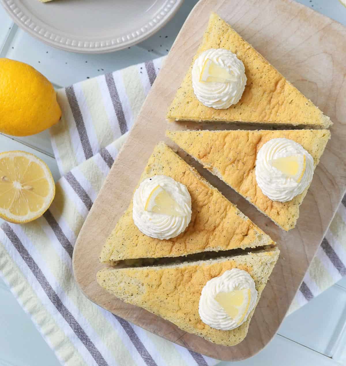 Earl Grey Japanese cheesecake slices on a cutting board.