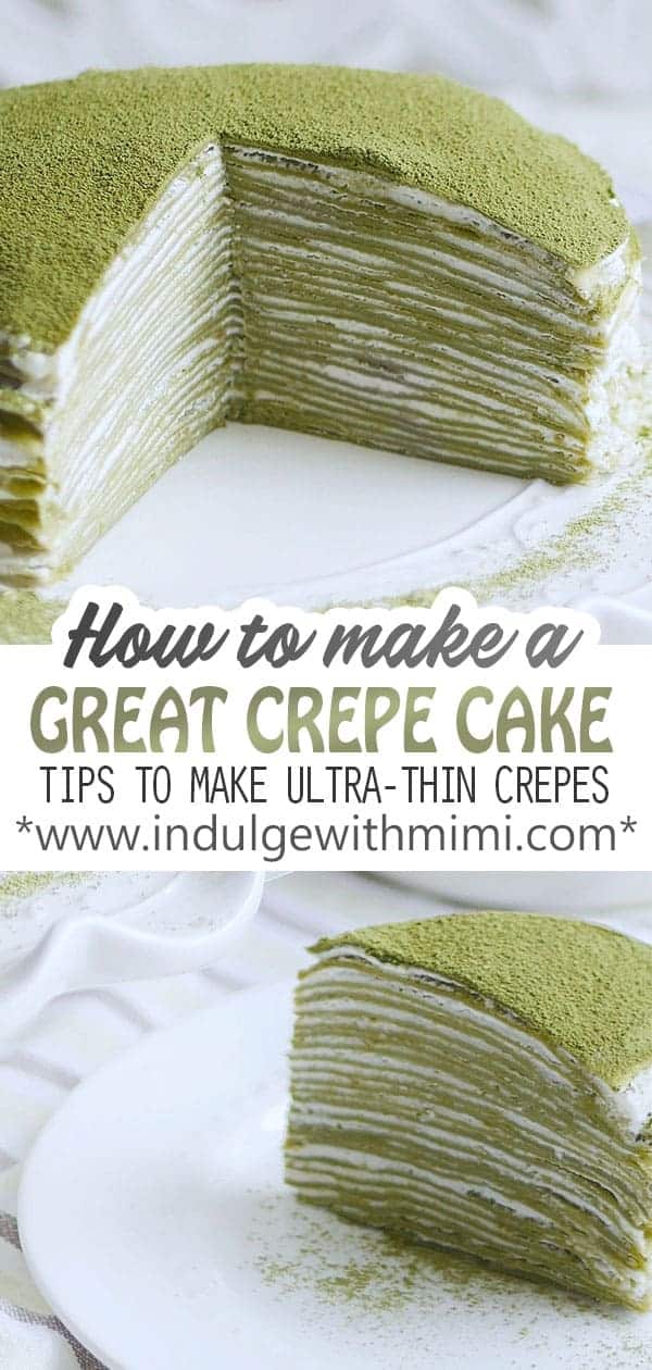 A mossy colored green crepe cake is sliced opened to reveal the many ultra-thin layers inside. 