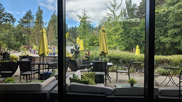 Beautiful view of Van Dusen Garden's trees and water fountatin from the patio of Truffles Fine Foods. 