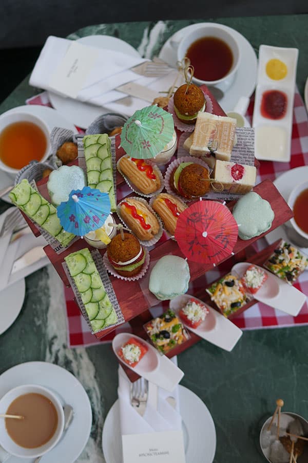 Flatlay view of the new picnic afternoon tea set at Trump Hotel. 