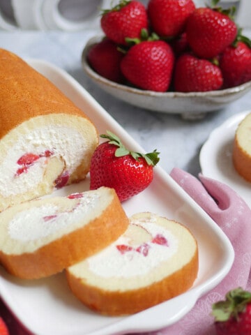Fresh strawberry and cream Japanese swiss cake roll.