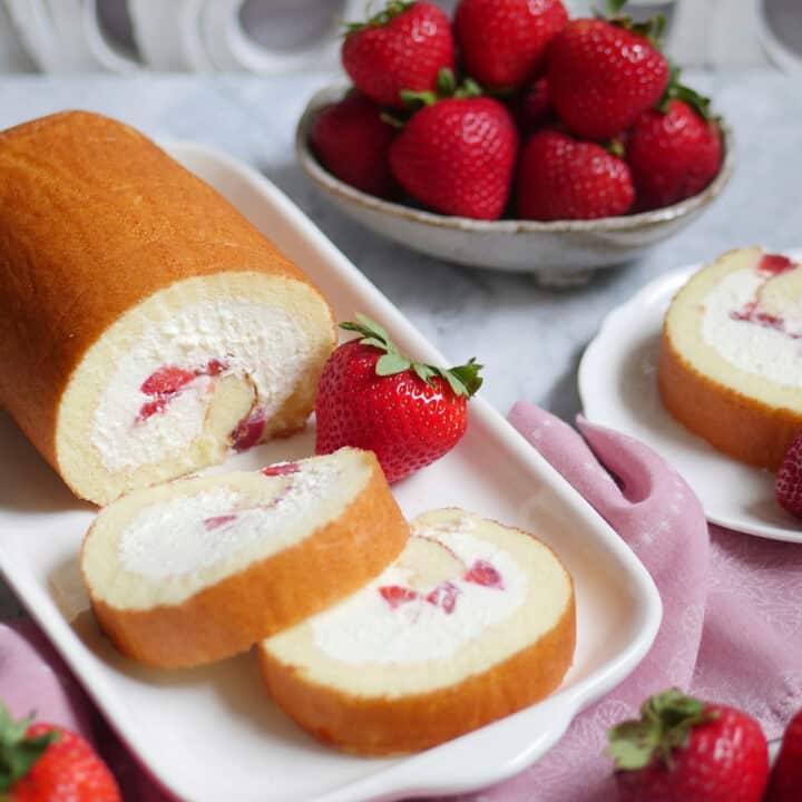 Fresh strawberry and cream Japanese swiss cake roll.