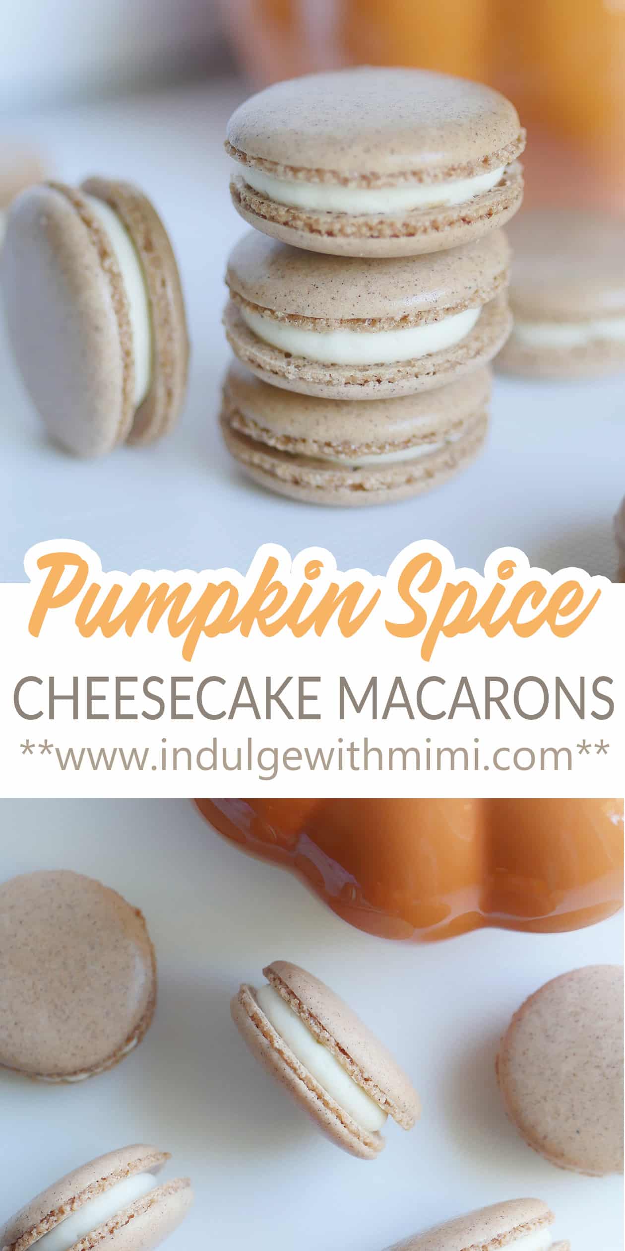 Pumpkin spice cheesecake macarons stacked on a plate. 