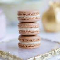 A stack of 3 gingerbread spice macarons on an agate plate.