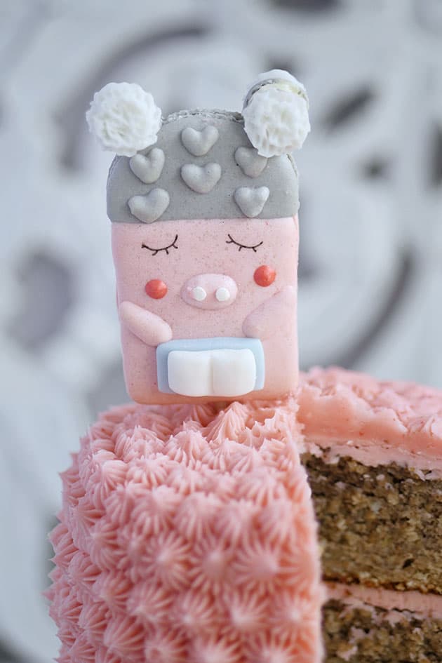 Close up of a piggy macaron with a grey winter cap holding a book perched on a pink smash cake. 