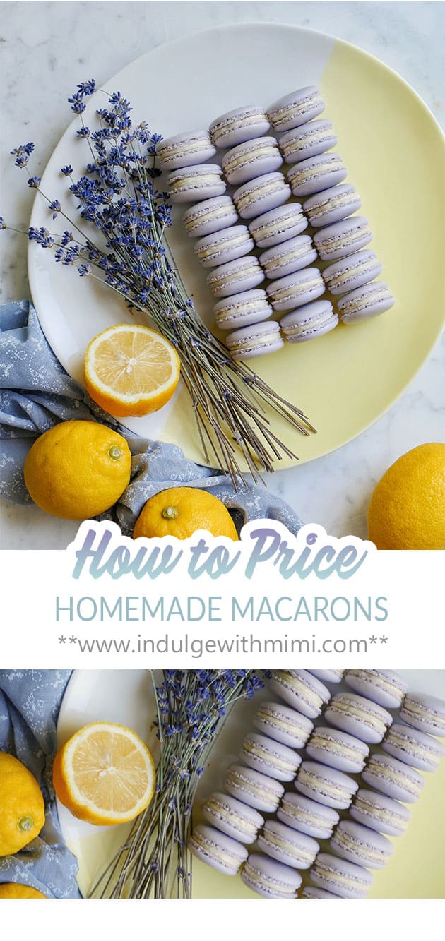 Several rows of homemade macarons on a plate with lemons and lavender on the side.