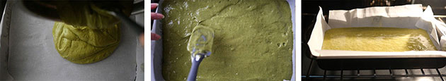 Green tea cake batter poured into a big rectangular cake pan, then baked in the oven. 