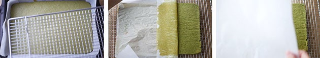 Parchment paper being ripped off the fully baked green tea cake. 