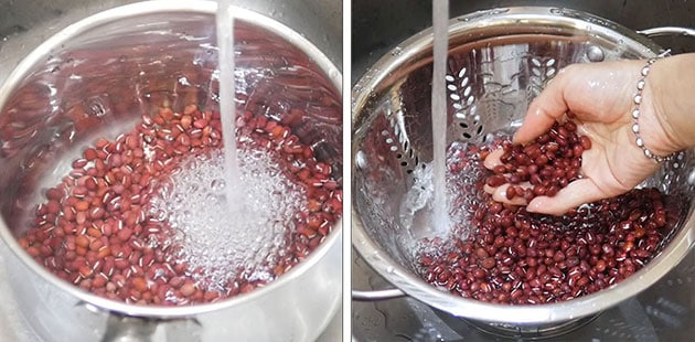 Red beans being washed and drained.