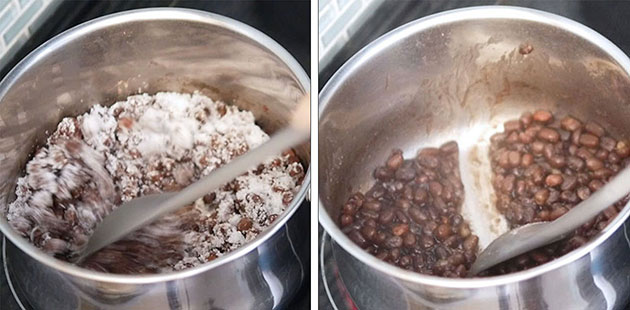 Sugar and red bean being boiled in a pot. A line drawn inside the Adzuki bean paste. 