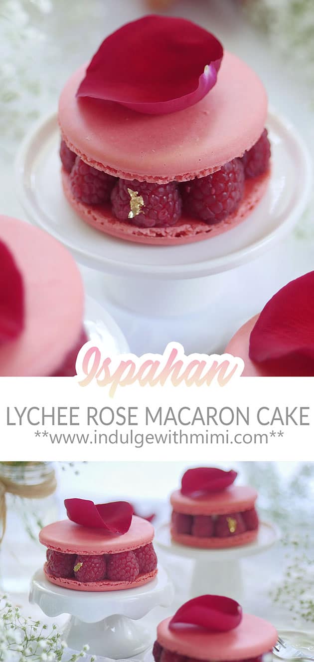 Big macaron cake filled with fresh raspberries with a rose petal on top.