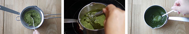 Green tea powder being sifted into a small pot, then heated with milk over stove. 