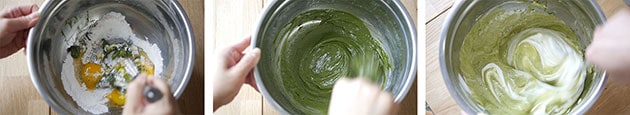 Inside a big bowl, green tea milk mixture is being stirred with dry ingredients. Meringue is being folded into the mixture. 