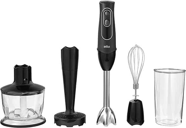 Braun 4-in-1 Immersion Hand Blender, Powerful 350W Stainless Steel Stick Blender, Multi-Speed + 2-Cup Food Processor, Whisk, Beaker, Masher, Easy to Clean, Black, MultiQuick MQ537BK