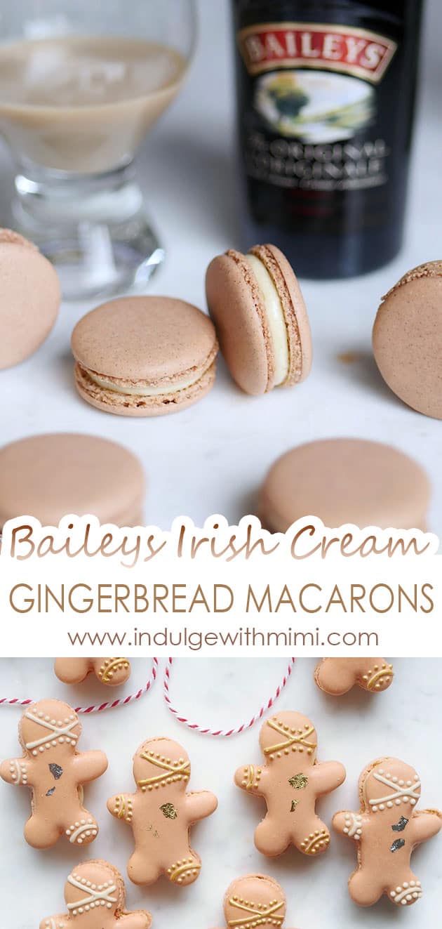 Macarons on a marble filled with Baileys Cream filling. Bottom photo is macarons in gingerbread man shape. 