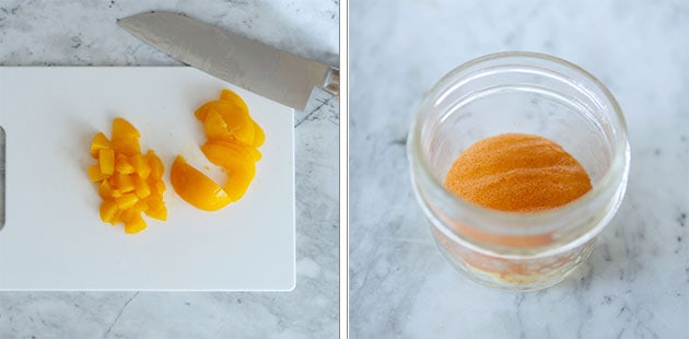 A knife cutting into canned peaches, next is a jar filled with one layer of peach cake. 
