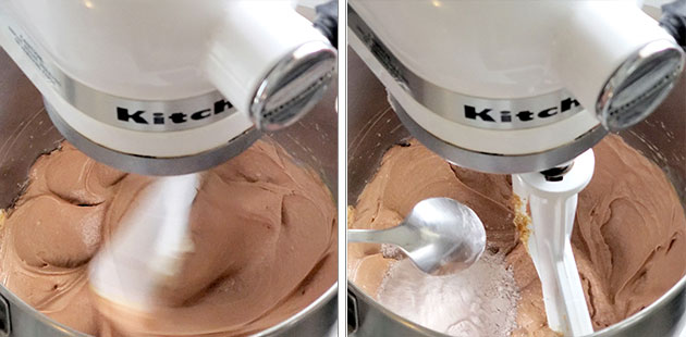 Flour being added into a glossy and creamy pound cake batter. 