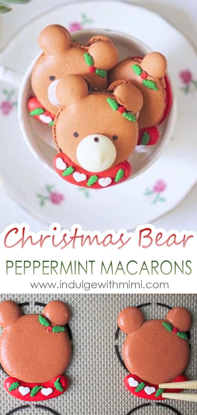 Christmas bear macarons in a tea cup, below is picture of macaron bears on a silicone mat with holly sprinkle being added on.