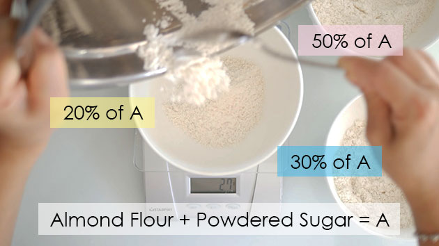 Almond flour split up into different bowls, one is on a scale. 