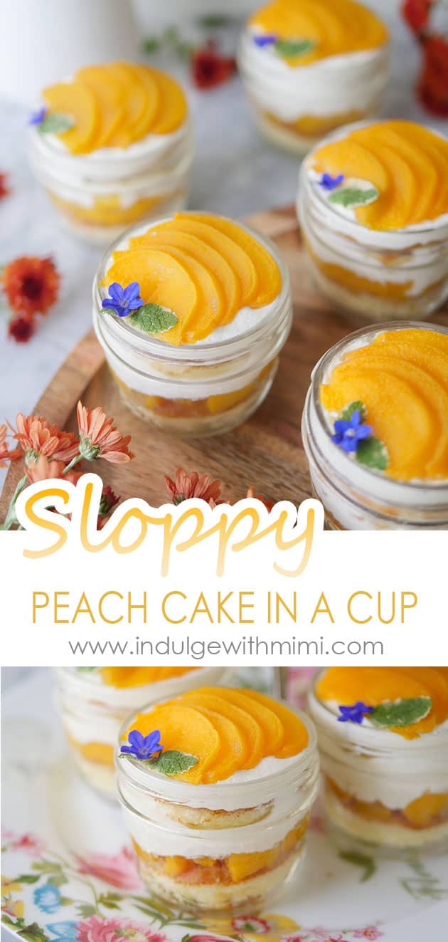 Peach cakes in a cup laid out on a table with wild flowers.