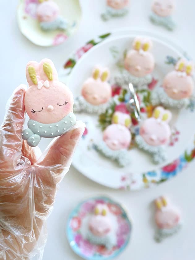 A hand holding a multi-colored bunny character macaron over a plate of other macarons in the background. 