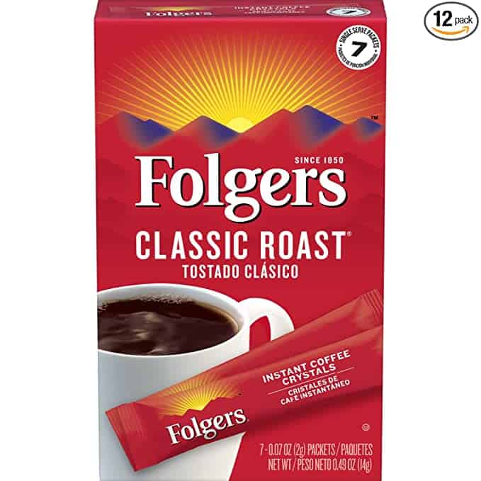 Folgers Classic Roast Instant Coffee Crystals, 7 Single Serve Packets (Pack of 12)