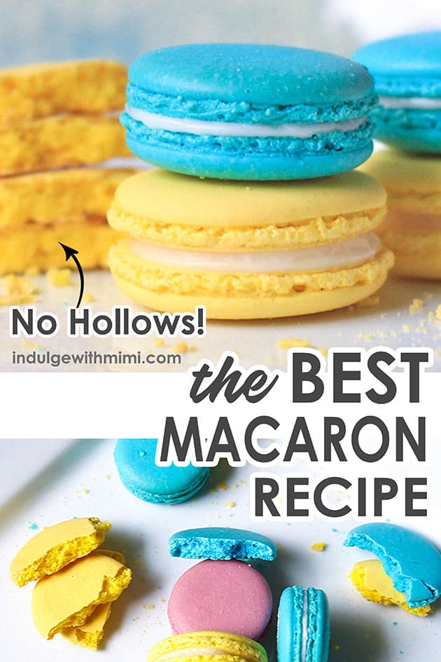2 macarons stacked on top of another with non-hollow shells in the background.