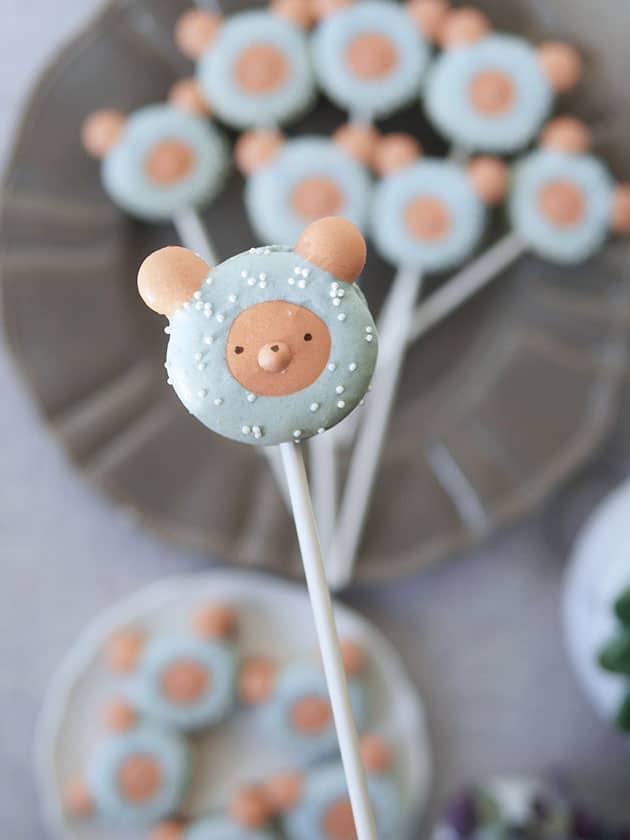 Close up of a bear macaron lollipop. 