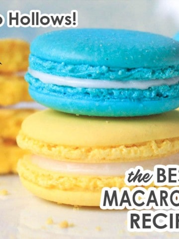 Close up of two non-hollow macarons assembled with fillings.