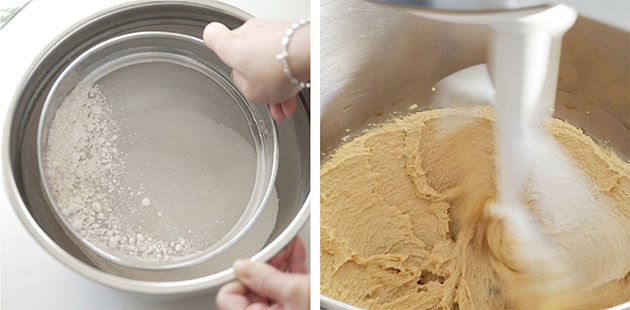 Hand sifting cake flour for cookies and mixer creaming butter and sugar together. 