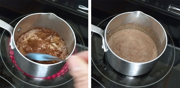 Gingerbread spice in cream being heated in a small pot. 