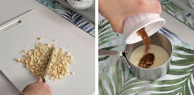 Hand chopping white chocolate into slivers, hand pouring spice into a pot of hot cream. 