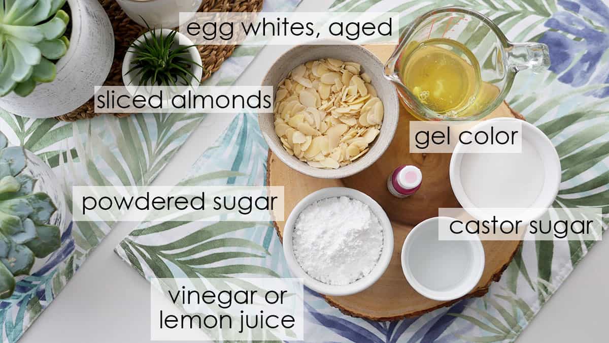 Ingredients for making macarons on a table. 
