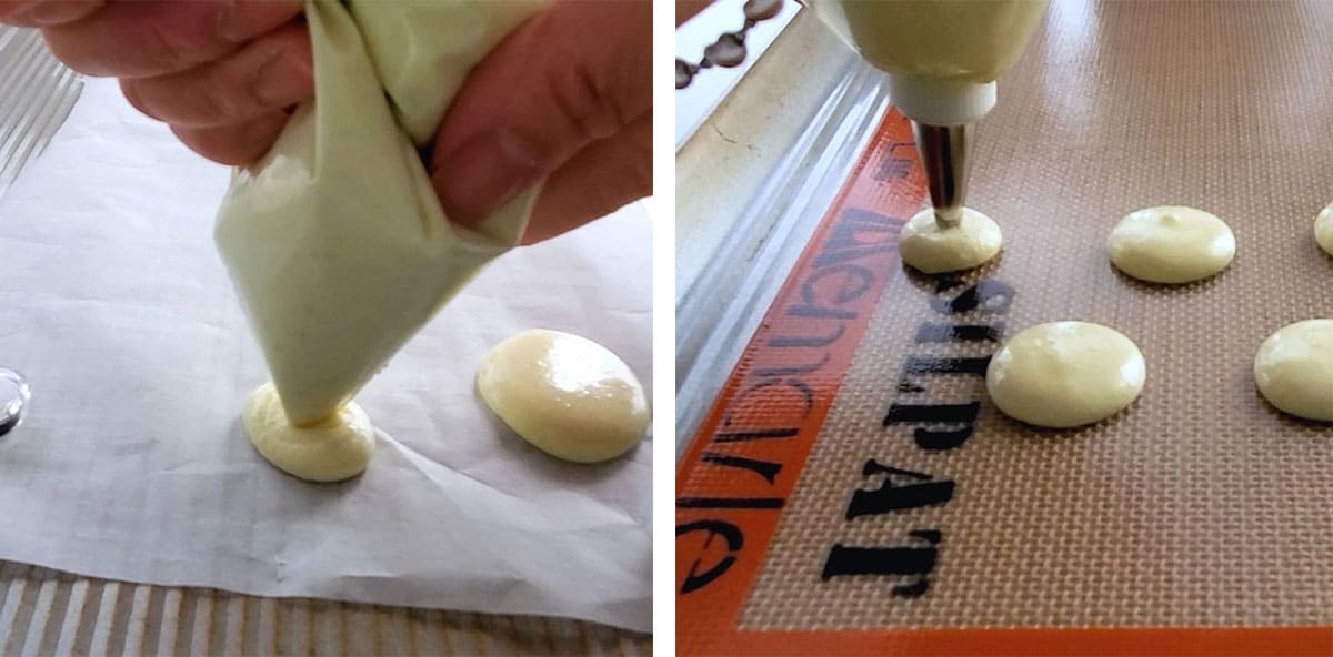 Macaron batter being piped onto parchment paper and silicone mats. 