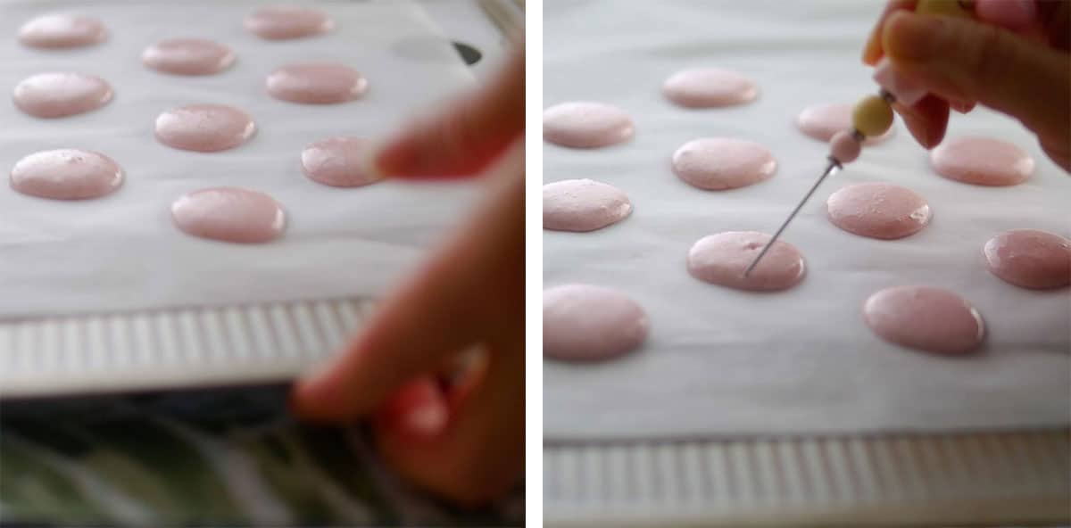 bubbles in macaron shells being popped with a toothpick. 