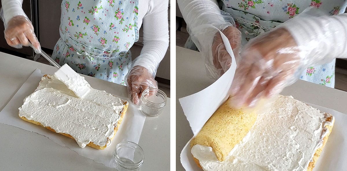 Marscapone cream spread onto a flat cake and then rolled.